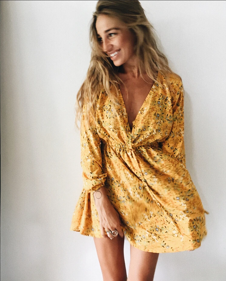 Летние Для женщин цветочные длинным рукавом платье мини Повседневное Boho