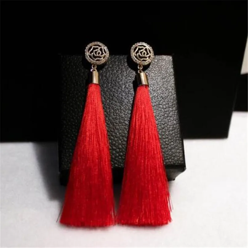 Fashion Brand Luxury Rose Flower Tassel Stud Earrings Female Bijoux Long Cheap Earring Extendy