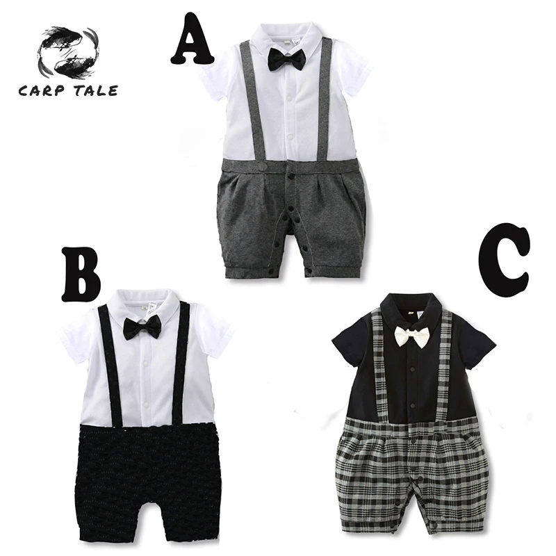

2019 Summer Children's Boy Short Sleeve Gentleman Sling Clothing Baby Plaid Gentleman Belt Jumpsuit Men's Baby Fashion Jumpsuit