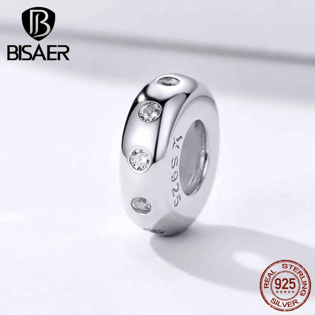 BISAER, 925 пробы, серебряные круглые бусины Spacer, кубический циркон, круг, подвески, подходят для серебряных браслетов, сделай сам, ювелирные изделия ECC1171