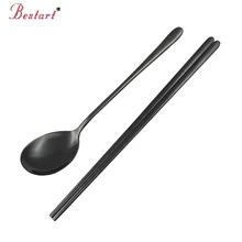 1 Unidades Calidad Coreano Vajilla Comida Negro Palillos Cuchara Larga Cuchara De Acero Inoxidable Portátil Set de Cubiertos Vajilla de Camping Adultos