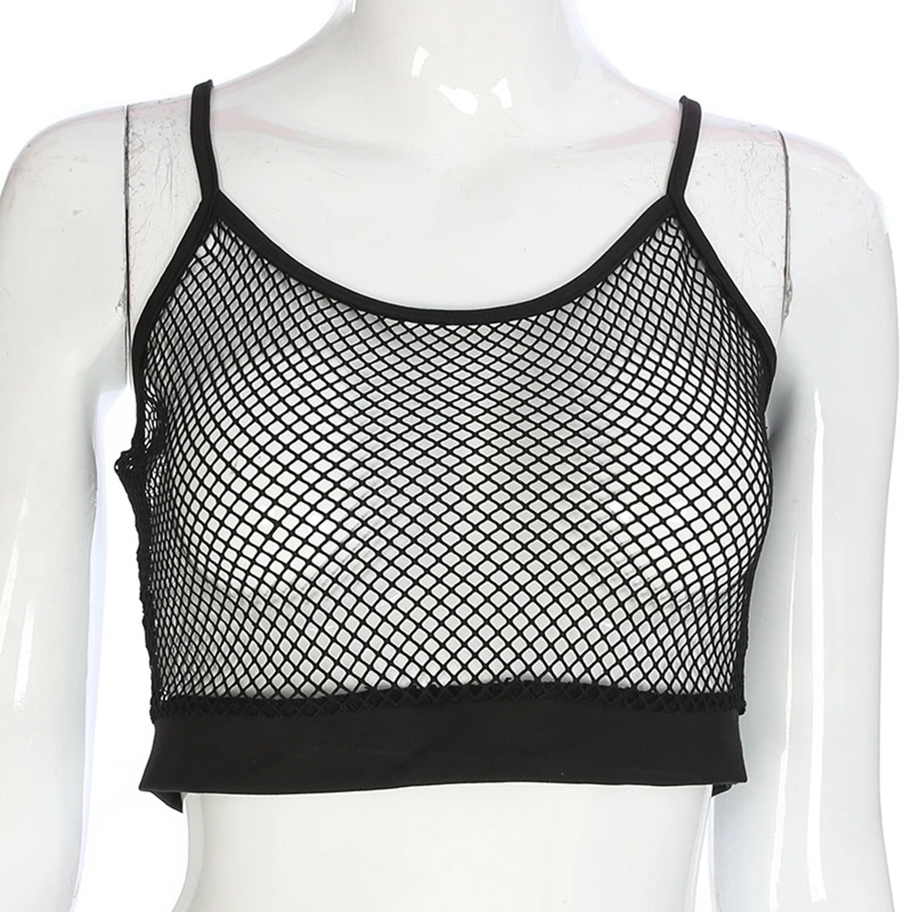 High Quality Sexy Mesh Fishnet Tank Top Women Sexy Hollow Out Elastic See Through Black White Perspective Bodycon Crop Tops