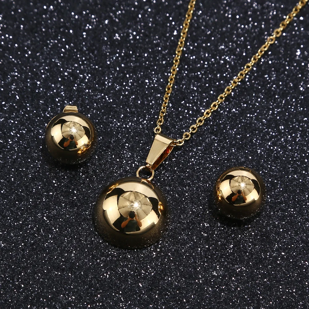 

Gold tone Shining 316L Steel Hollow Half Ball Jewelry Set Stainless Steel Big Half Ball Necklace Earring Jewelry Set for women