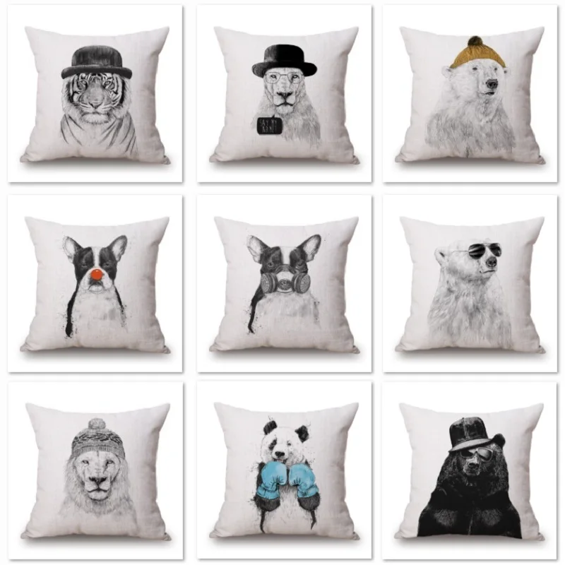 Tiger Lion Bear Sketch Cushion Covers Panda Animal Pillow Cases Retro Linen Cotton Decorative Pillow Cases 45X45cm 95g