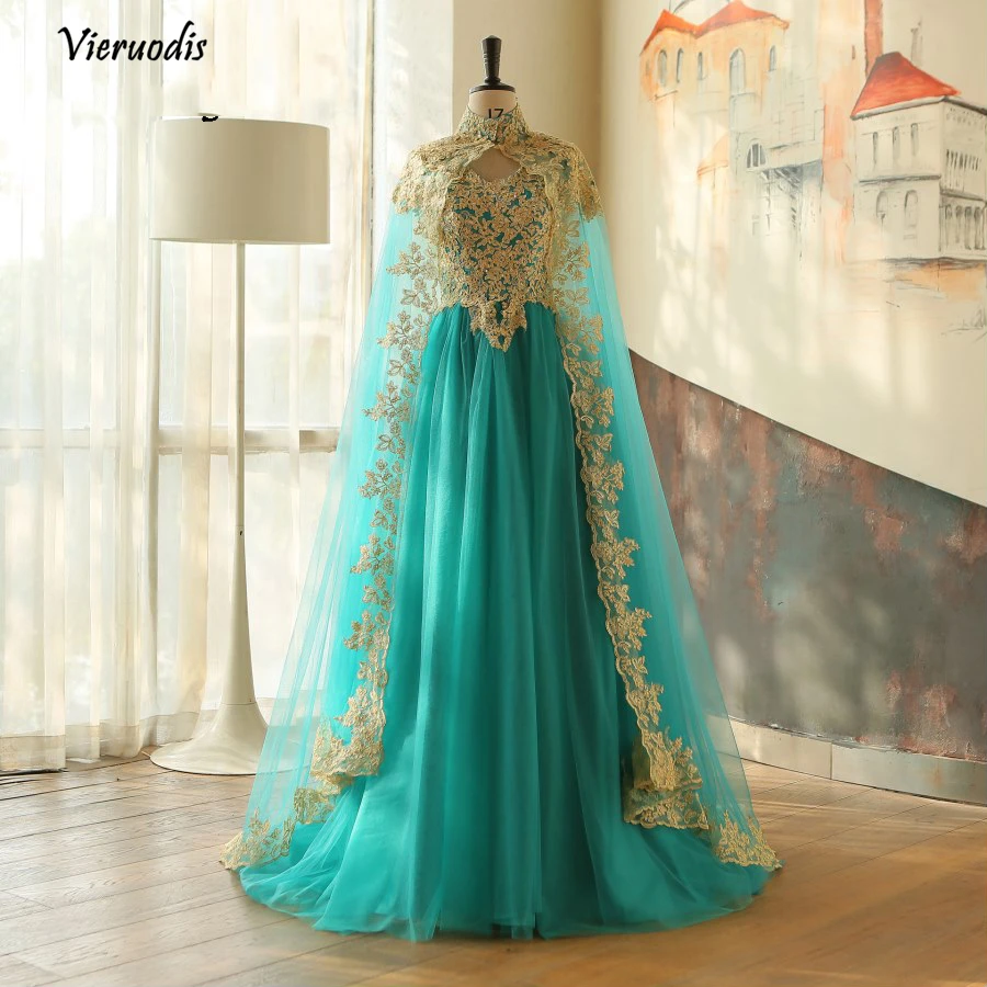 18-1            Muslim 2 Pieces Evening Dresses With Cloak Gold Appliques Moroccan Kaftan Abiye Evening Gowns Turkish Abendkleider Formal Dress
