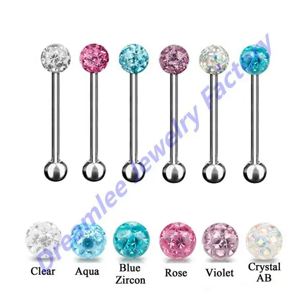 18pieces 14g Gauge Steel Bar With Single Crystal Ball Epoxy Tongue