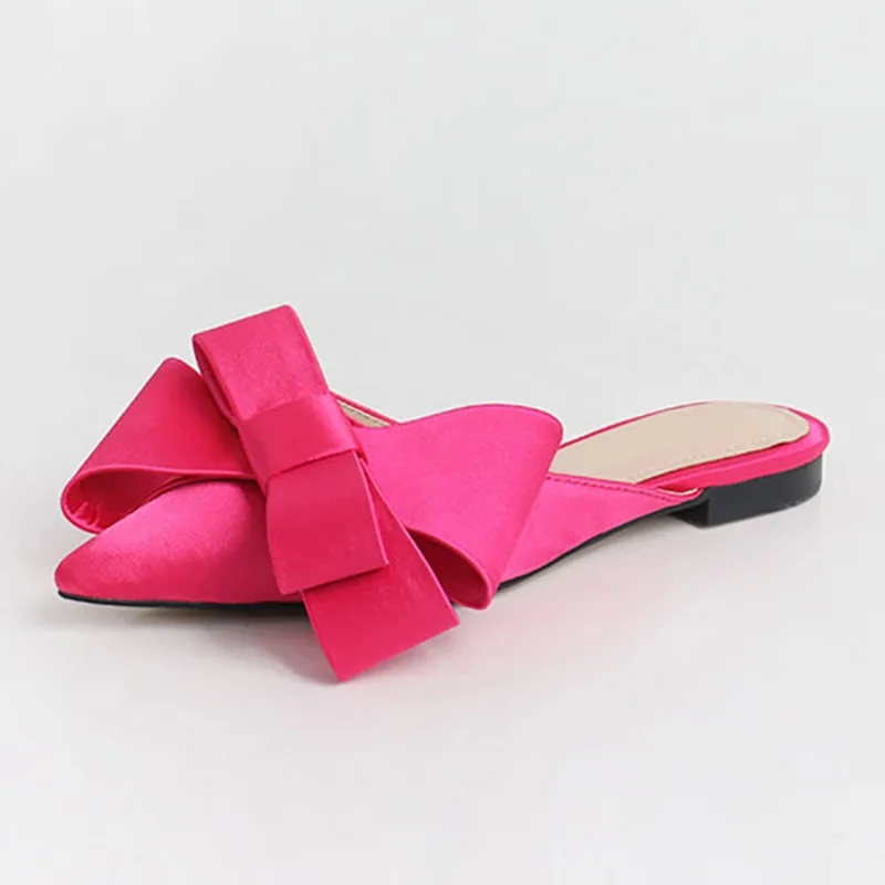 

2019 women slippers spring summer women's shoes Korean silk satin Pointed bow tie slippers Baotou flat heel sets semi slides