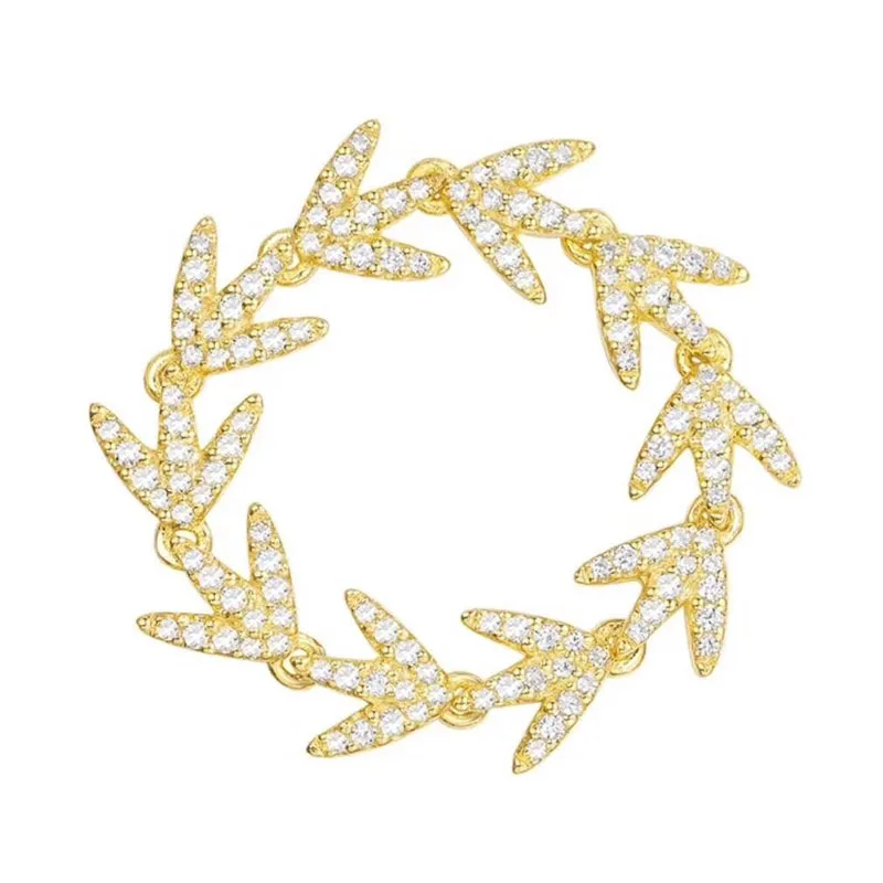 

SLJELY High Quality 925 Sterling Silver Yellow Gold Color Laurel Leaves Ring Micro Cubic Zirconia Stones Women Luxury Jewelry
