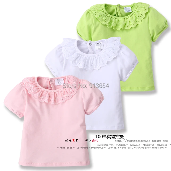 

new 2014 summer girls t shirts baby & kids clothes baby girls short sleeves T-shirts tops child hollow lace collar pullover