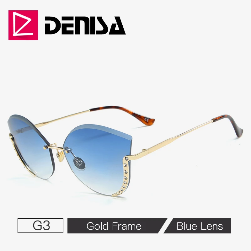 DENISA горный хрусталь кошачий глаз солнцезащитные очки для женщин Роскошные без оправы женские очки UV400 очки с градиентными линзами gafas de sol mujer G22073 - Цвет линз: G3 Blue Sunglasses