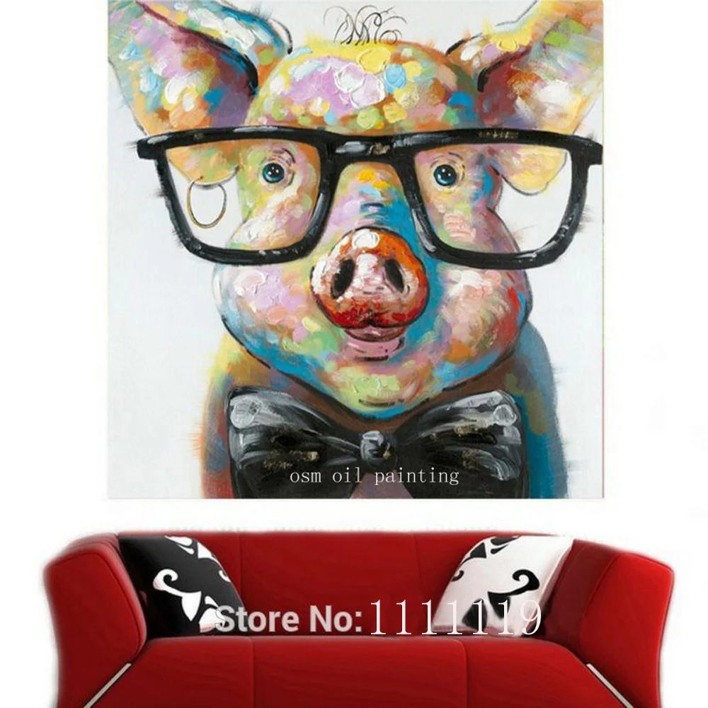 

Hand Painted Animal Oil Painting on Canvas For Kids Room Wall Artwork Funny Animal Pig with Glasses Painting Oil Pictures