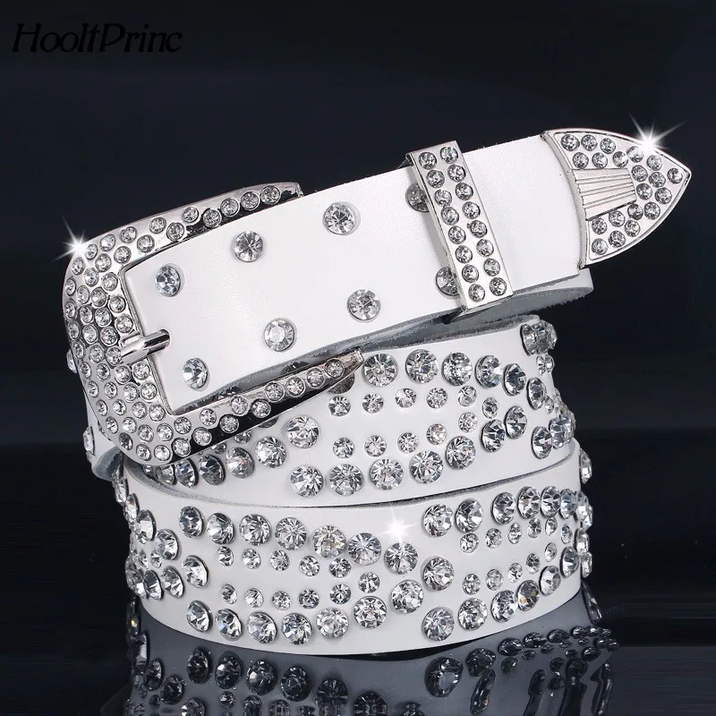 Fashion Rhinestone Belts For Women Genuine Leather Rivet Inlay Ancient