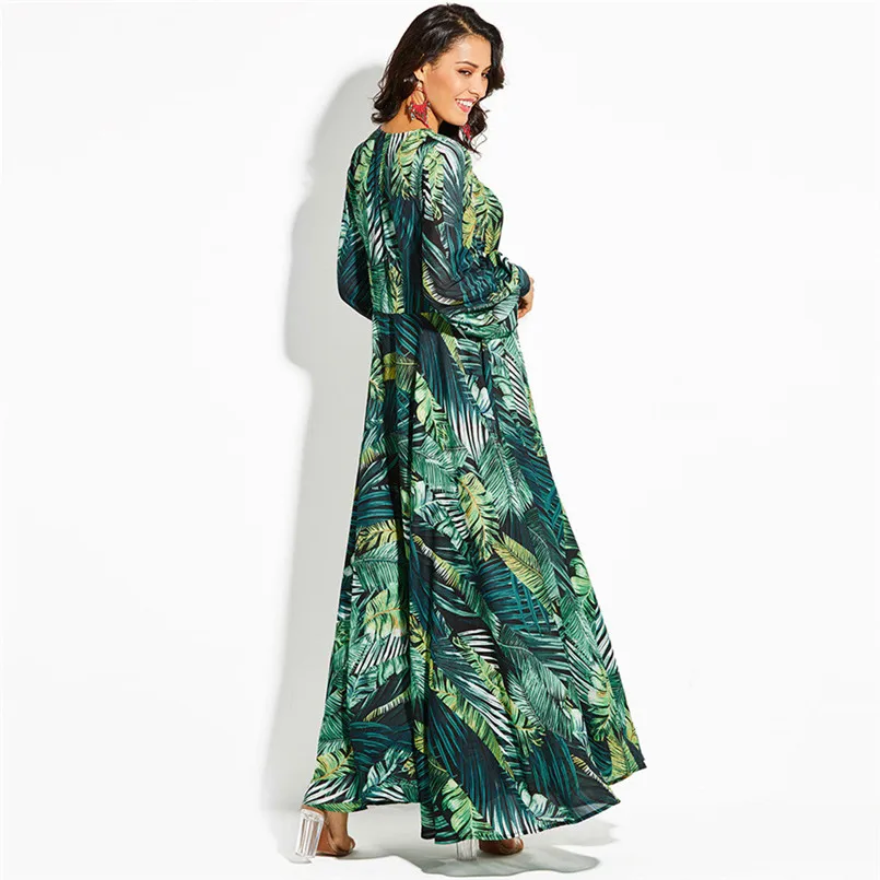 V-Neck Colorful Fashion Printing Chiffon Dress Long Sleeve Deep V Neck Belt Long Dress Comfortable New Vestidos #F#40NV26 (6)