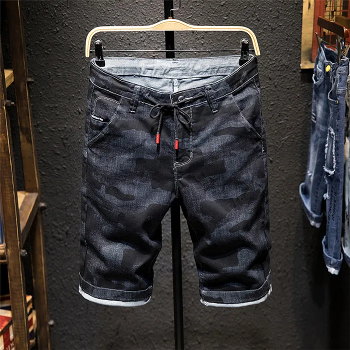 

2019 Summer New Men's Denim Camouflage Shorts Fashion Slim Fit Micro Elastic Cotton Black Wash Ripped Jeans Male Clothes,X3176