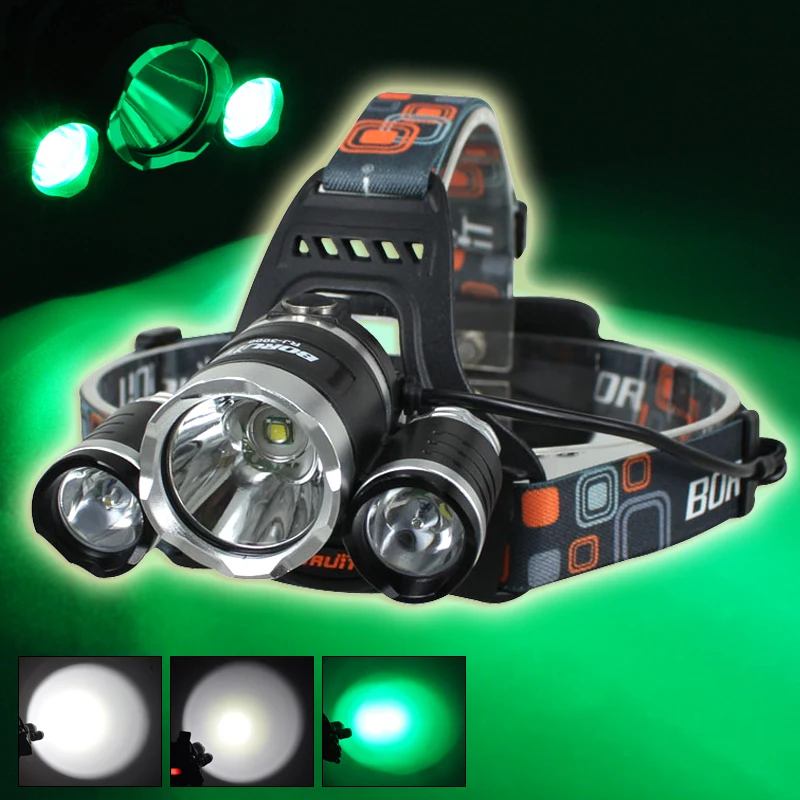 

Rechargeable 6000LM 3x XML T6 White+2R2 GREEN LED 18650 Headlamp Headlight Torch