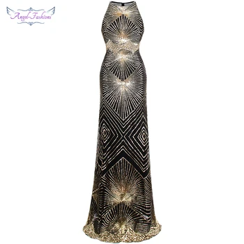 

Angel-fashions Twinkling Golden Sequin Gatsby Flapper Court Train Maxi Evening Dress 402