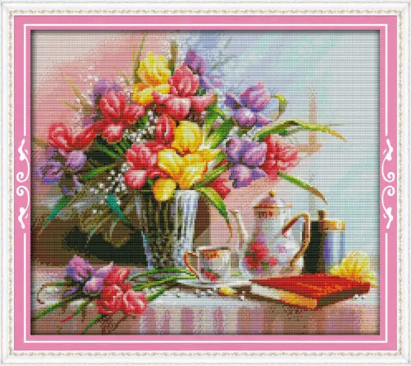 Красивые цветы, напечатанные на холсте DMC Счетный Китайский Набор для вышивки крестиком, Набор для вышивки крестом, вышивка, рукоделие