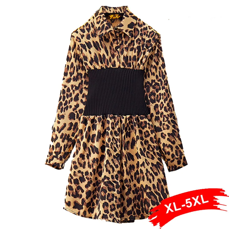 

Plus Size Leopard Print Elastic Waist Tunic Long Blouse 4Xl 5Xl Spring Long Sleeve Animal Pattern Satin Shirts Dress Vestidos