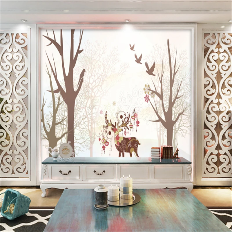 

Custom Wall Mural Wallpaper Forest and Elk Minimalism Embossed Non-Woven Wall Modern Bedroom Wall Paper Roll for Living Room