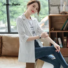 Women's Plus size Long Blazers coats 2019 Autumn cotton blend stripe Slim fit Small Suits jackets ladies Skinny Blazers Suit