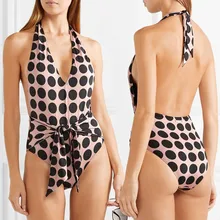 Для женщин сексуальная с открытой спиной в горошек для женщин купальник пуш-ап Мягкий пляжный бикини с завязками на шее купальный костюм сдельный купальник с полосой Печать A30323
