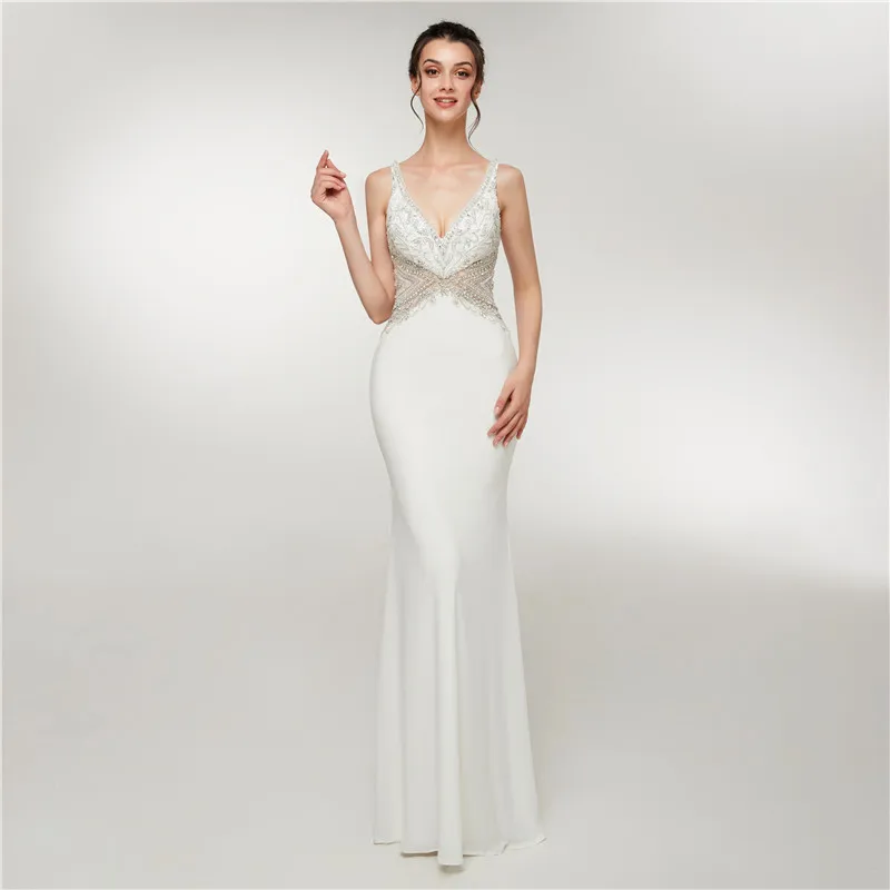 Elegant White Evening Dress Long 2018 Mermaid V Neck Beaded Crystal Backless Women Formal Party Dresses Vestido De Festa