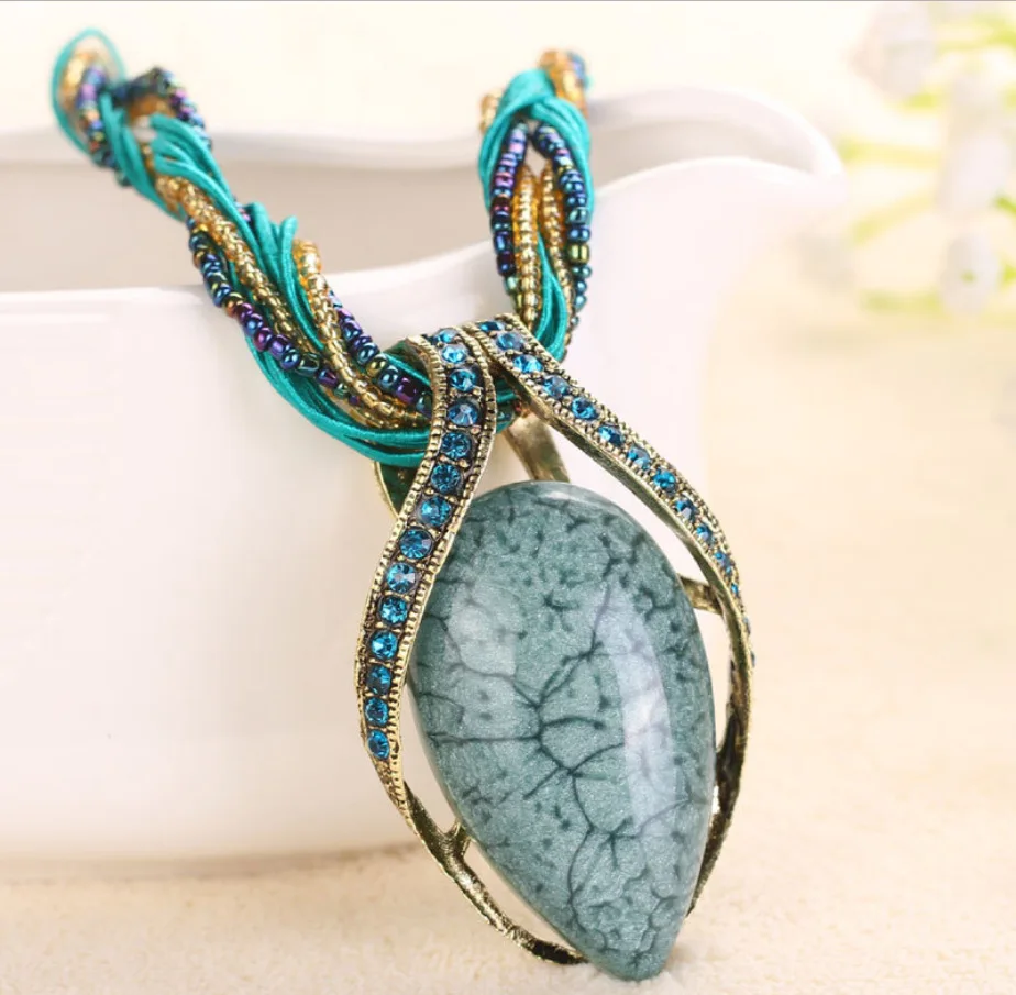 

High Quality 2018 New Vintage Retro Bohemia Style green stone Multilayer Beads Chain Crystal Grain Water Drop Pendant Necklace