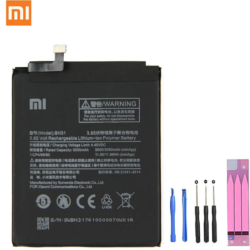 

Xiao Mi BN31 Original Replacement Phone Battery 3000mAh High Capacity For Xiaomi Mi 5X Mi5X \ Redmi Note 5A 5A pro 3 + Tools