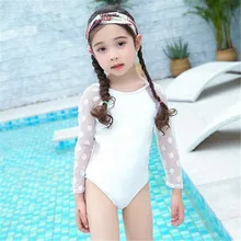 Детские купальники для девочек, сиамский треугольник, кружевная Солнцезащитная одежда с длинными рукавами, сплошной цвет, купальный костюм для младенцев