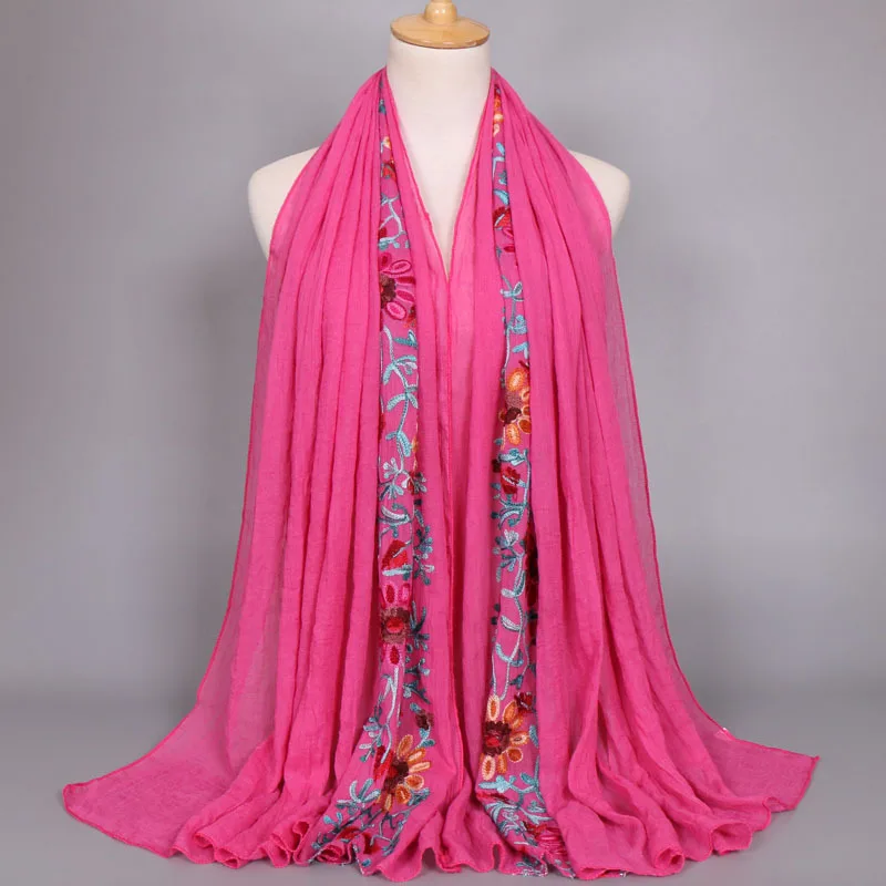 Летний модный вышитый вискозный шарф для женщин, простые стежки, хлопковые шарфы, шаль, темно-синий цветок, мусульманский хиджаб, фуларды
