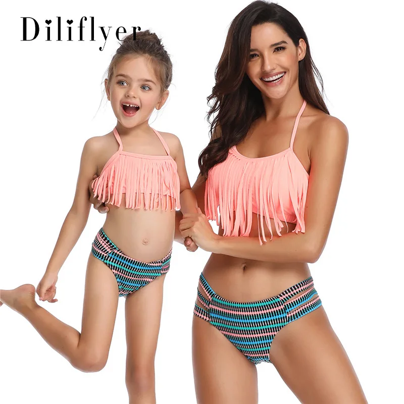 

2019 Mujer Tassel Swimsuit Sexy Bikini High Waist Swimsuits Floral Sling Striped Parent Child Bikini Set Biquinis Feminino Bikin