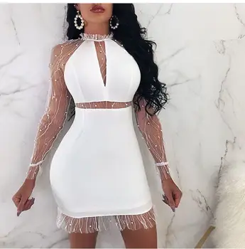 

Top Quality Sexy Full Sleeve Dress White Summer Halter Sexy Beading Mesh Hollow Up Formal Party Dress 2018