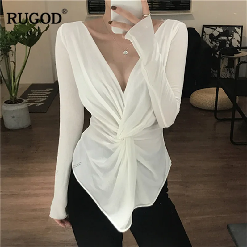 

RUGOD V neck sexy women t shirts long sleeves elegant solid modis femme tees summer casual wearing pleated fashion tops for girl