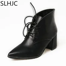 2017 herbst Medium Ferse Stiefeletten Frauen Lace Up Spitzschuh Pumps High Heels Mode Leder Pumpen Motorradstiefel B91305