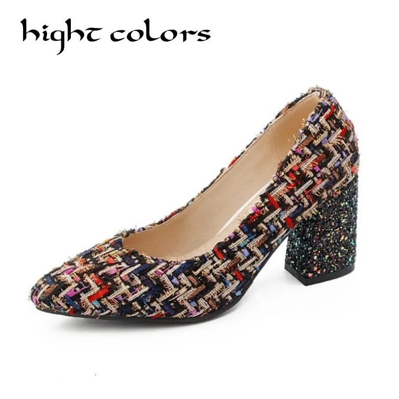 

New Women's High-heeled Flock Pumps Vintage Shallow Mouth Pointed Toe Sequins Decoration Thick High Heels Ladies Shoes
