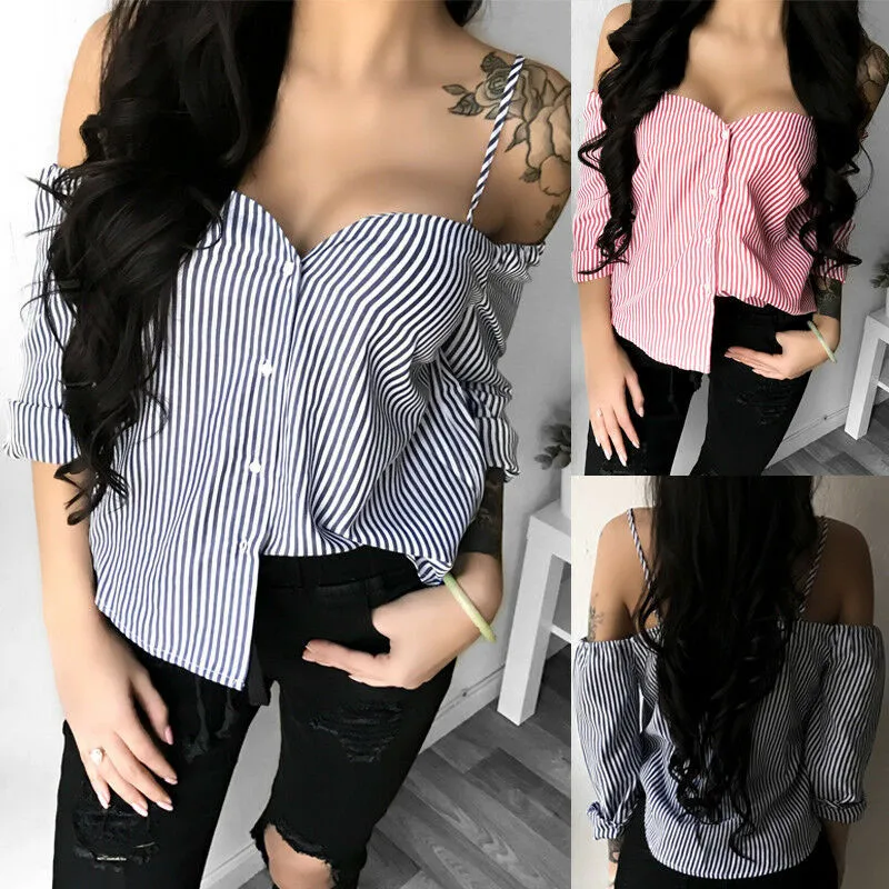 Women Ladies Summer Long Sleeve Blouse Fashion Strap Shirt Loose Sexy Off Shoulder Button Casual Stripe Blouse Tops Shirt S -XL