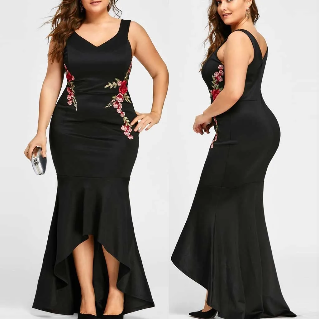 

Girl clothing Women Plus Size Embroidery Party Dress V Neck Sleeveless Solid Color Long Dress Elegant Women's Bodycon Vestidos#5