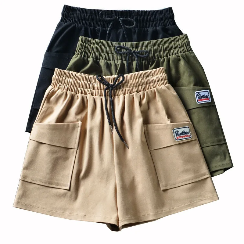 

2019 Summer Women's Tooling Casual Shorts Fashion Elastic High Waist Cargo Loose Pocket Shorts Female Harajuku Style Shorts