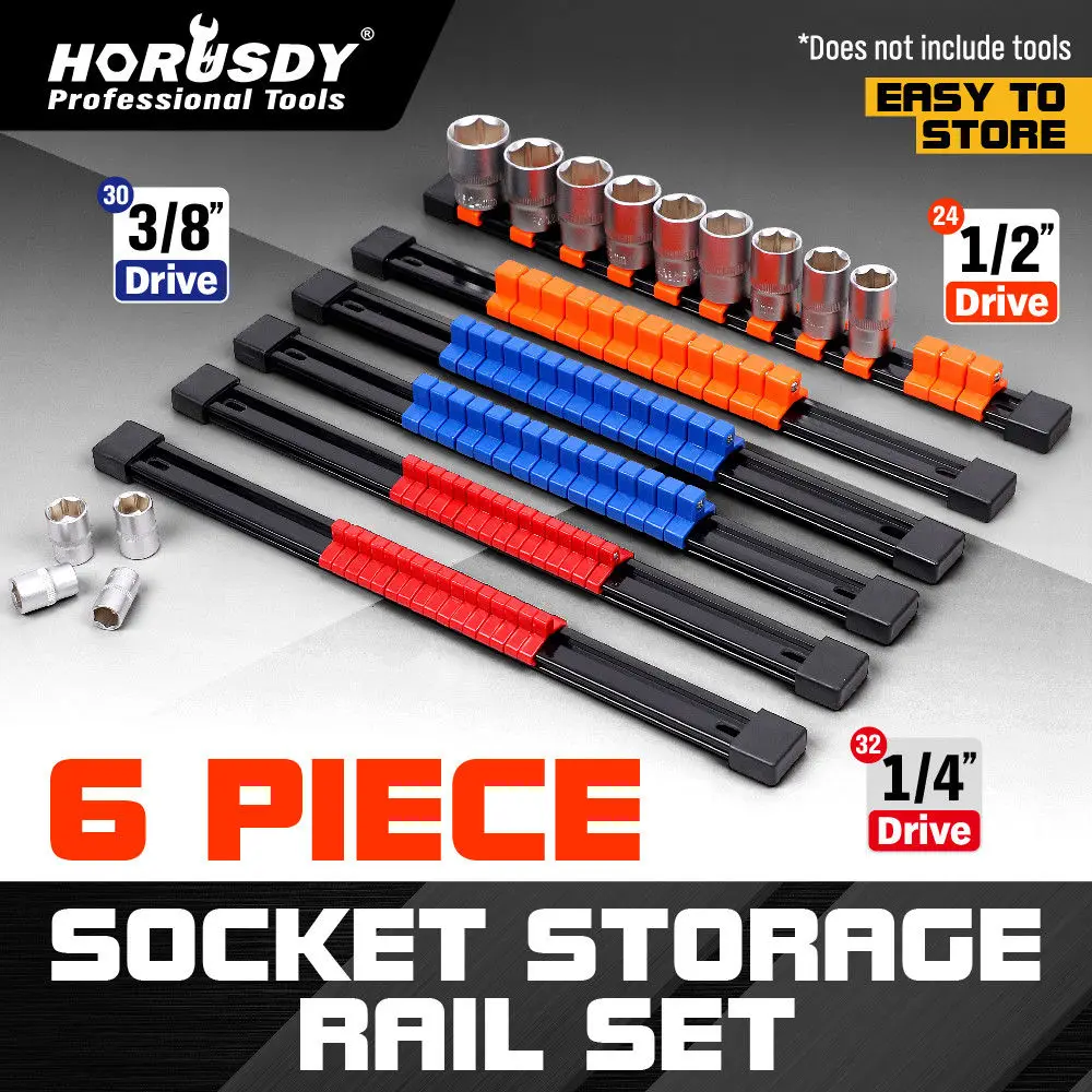 

HORUSDY 6Pcs Industrial ABS Socket Wrenchs Holder Adjustable Mountable Socket Rail Rack Holder Organizer Sliding 1/4" 3/8" 1/2