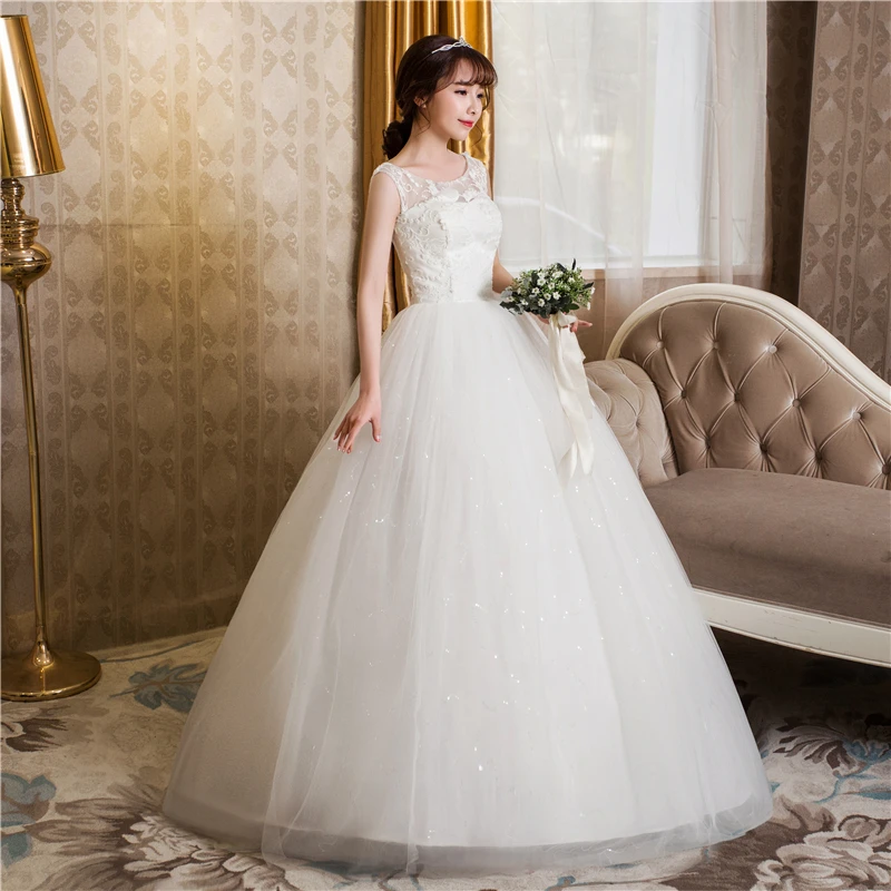 Плюс размер Круглый вырез Белый Тюль дешевые кружевные свадебные платья принцессы платье Vestidos De Novia HS246