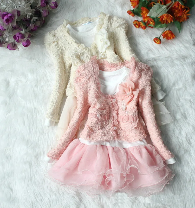 

Retail Spring Autumn the Korean girls lace suit long sleeve veil tutu dress coat with flower Pearl set dresses Free Shipping