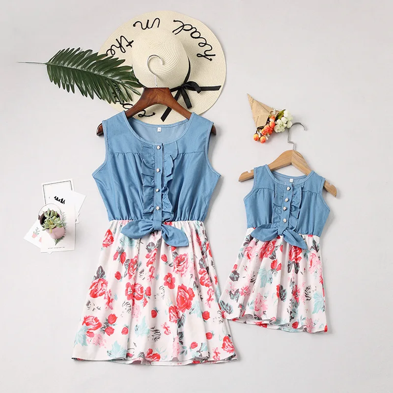 

2019 Summer Mom and Daughter dress striped Mother Daughter Flower dresses kids Parent Child Outfits Look Family Matching clothes