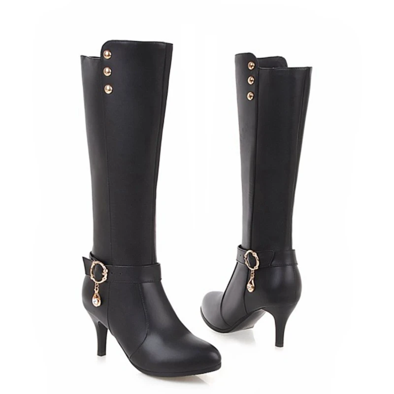 REAVE CAT/обувь женские сапоги до колена весенне-Осенняя обувь, большие размеры 34-46, с острым носком, на молнии, mujer Botas feminino, на тонком каблуке, A1325 - Цвет: Black