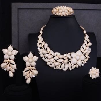 

GODKI Luxury Rose Flower Cluster Floral 2 Tone Women Wedding Cubic Zirconia Statement Necklace Earring Bangle Ring Jewelry Set