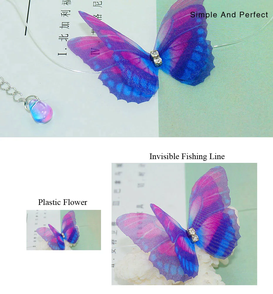 Фиолетовое колье с бабочками ожерелье s для женщин невидимая Рыбная цепь прозрачное ожерелье Модные украшения для лета