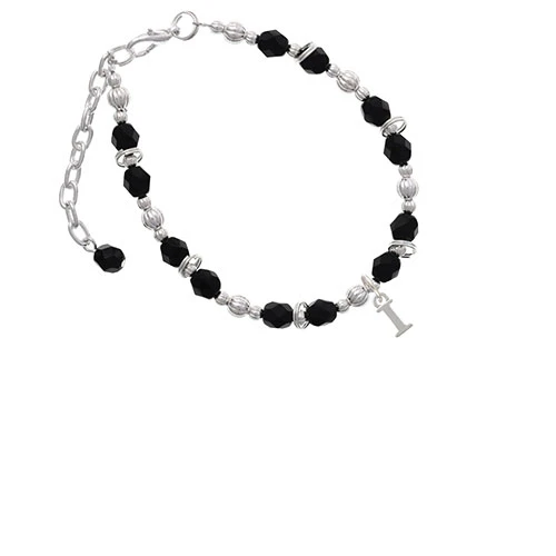 Silvertone Small Initial - I - Black Beaded Bracelet