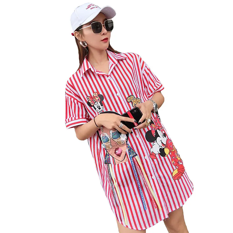 

Girl Cartoon Shirts Short Sleeve Long Stripe Shirt for women loose Summer Woman Blouses cartoon printing sequin blouse female