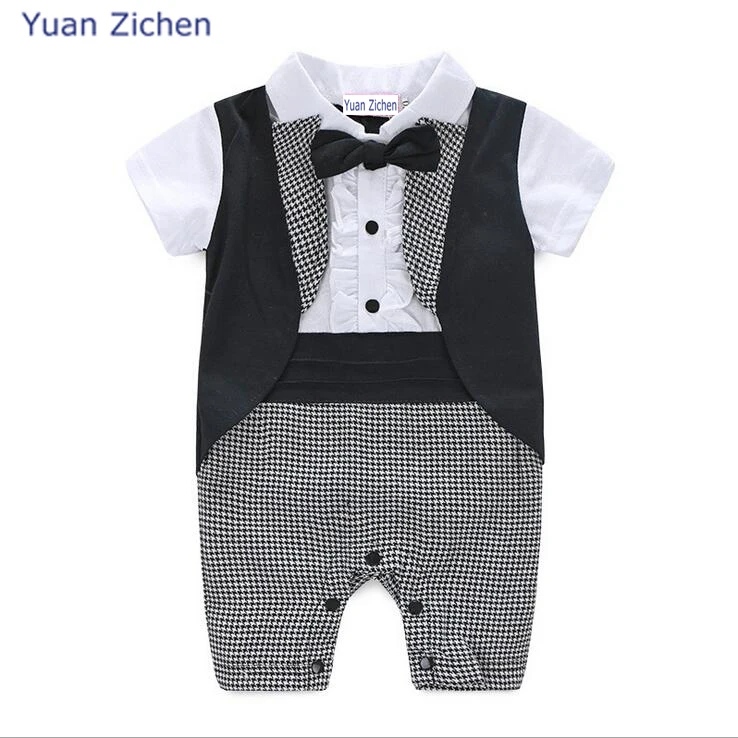 Summer New Cotton Short Sleeve Baby Boy Romper Tie Gentleman Suit Bow Leisure Body Clothing Infant Jumpsuit Baby Clothes