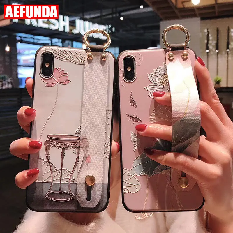 

Retro Plum Lotus Phone Case For iPhone XS Max XR X 8 7 6S 6 Plus 5S 5 SE Cover Fashion Wrist Strap Hand Band Cases Stand Coque