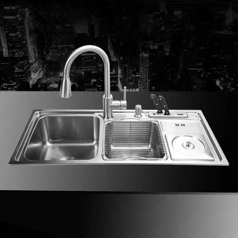 

(910*430*210mm) 304 Stainless Steel Undermount Handmade Brushed Seamless Welding Kitchen Sink Set with Drawing Drainer Dispenser